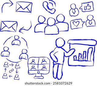 Communication icons in doodle style. handwritten notes containing Message Delivery, Verbal Exchange, Written Communication, Digital Message, Effective Dialogue, Clear Communication