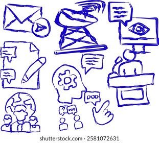 Communication icons in doodle style. handwritten notes containing Message Delivery, Verbal Exchange, Written Communication, Digital Message, Effective Dialogue, Clear Communication