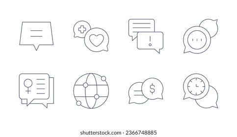 Iconos de comunicación. Trazo editable. Contienen comunicación, comunicaciones, coordinación, burbuja de habla, charla, día de la mujer, a nivel mundial.