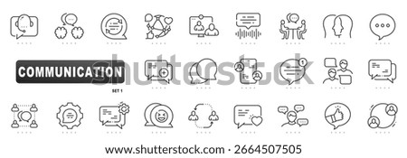 Communication icons featuring chat, message, conversation, support, meeting, collaboration, mobile, video, notification, feedback; clean outline line style with editable stroke