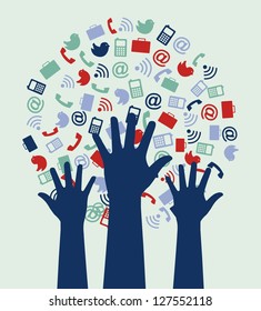 communication icons with hands over green background. vector