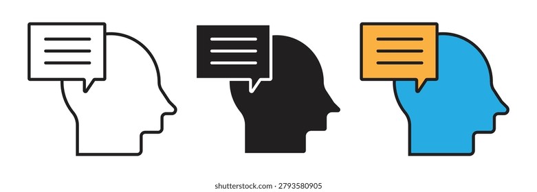 Communication Icons And Human Profile. Vector icon set of human profile head with a chat speech bubble representing communication skills consulting feedback and brainstorming ideas.