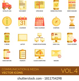Communication icons including satellite van, document, open book, mobile solution, news headline, info, table calendar, compass, deadline, e-book, laptop, computer network, video call, touch screen.