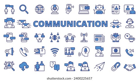 Iconos de comunicación diseño de línea azul. Ilustraciones de vector de conexión, red, equipo, videollamadas, contacto, correspondencia. Gráficos y gráficos iconos de trazo editables.