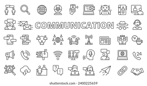 Diseño de línea de iconos de comunicación. Ilustraciones de vector de conexión, red, equipo, videollamadas, contacto, correspondencia. Gráficos y gráficos iconos de trazo editables.