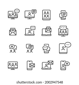 Communication icons. Messenger, group chat and video conference. Pixel perfect, editable stroke
