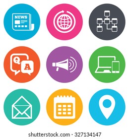 Communication icons. News, chat messages and calendar signs. E-mail, question and answer symbols. Flat circle buttons. Vector