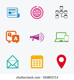 Communication icons. News, chat messages and calendar signs. E-mail, question and answer symbols. Flat colored graphic icons.