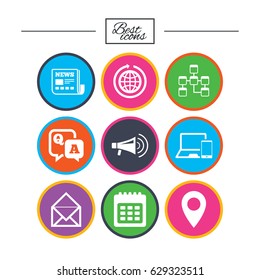 Communication icons. News, chat messages and calendar signs. E-mail, question and answer symbols. Classic simple flat icons. Vector