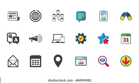 Communication icons. News, chat messages and calendar signs. E-mail, question and answer symbols. Calendar, Report and Download signs. Stars, Service and Search icons. Statistics, Binoculars and Chat