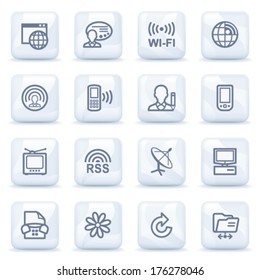 Communication icons on plastic buttons.