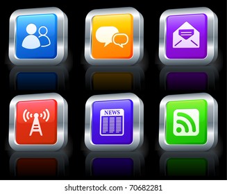 Communication Icons on Square Button Collection with Metallic Rim Original Illustration