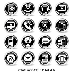 communication icons on stylish round chromed buttons