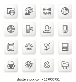 Communication icons on white buttons.