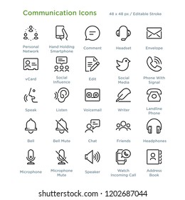 Communication Icons - Outline styled icons, designed to 48 x 48 pixel grid. Editable stroke.