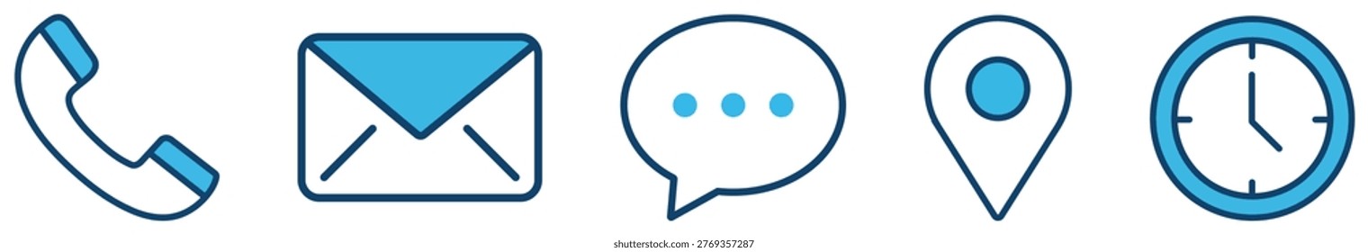 Communication icons, phone, email, chat bubble, location pin, clock, contact symbols, call message mail map time interface set