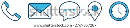 Communication icons, phone, email, chat bubble, location pin, clock, contact symbols, call message mail map time interface set