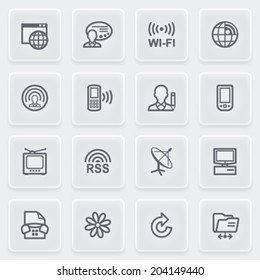Communication icons with plastics buttons on gray background.