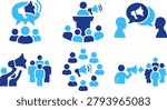 Communication icons public speaking group discussion megaphone speech bubble social media networking announcement.