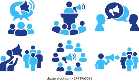 Communication icons public speaking group discussion megaphone speech bubble social media networking announcement.