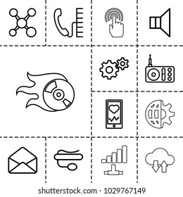 Communication icons. set of 13 editable outline communication icons such as gear, heartbeat on phone, share, radio, pin microphone, envelope, megaphone, phone, signal