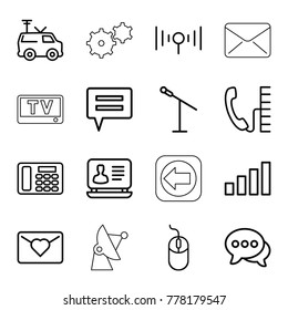 Communication icons. set of 16 editable outline communication icons such as mouse, laptop, microphone, love letter, chat, tv van, desk phone, signal, phone, satellite, tv