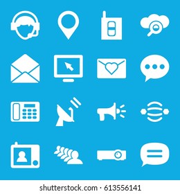 Communication icons set. set of 16 communication filled icons such as group, operator, envelope, desk phone, chat, intercom, map location, megaphone, satellite, router
