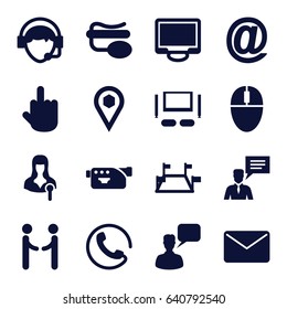 Communication icons set. set of 16 communication filled icons such as call, chatting man, middle finger, location, woman speaker, camera, pin microphone, man with chat bubblle