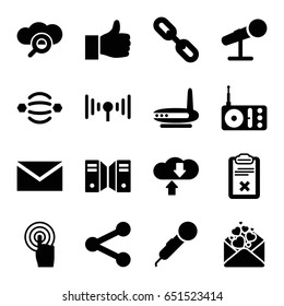 Communication icons set. set of 16 communication filled icons such as mail, love letter, radio, touchscreen, clipboard, microphone, signal, server, thumbs up, atom interaction