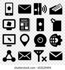 Communication icons set. set of 16 communication filled icons such as news, mail, letter, home on phone display, web camera, intercom, map location, no signal, clobe gear