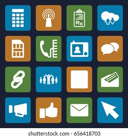 Communication icons set. set of 16 communication filled icons such as chat, signal, megaphone, clipboard, stop, letter, intercom, sim card, phone, mail, thumbs up