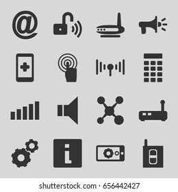Communication icons set. set of 16 communication filled icons such as gear, touchscreen, megaphone, gear on display, signal, opened security lock, intercom, share