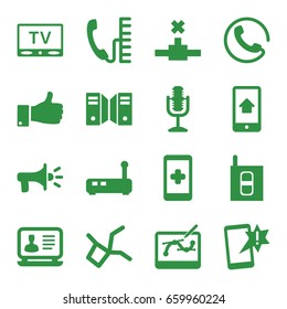 Communication icons set. set of 16 communication filled icons such as call, laptop, thumb up, microphone, home on phone display, tv, intercom, megaphone, pen tool on tablet