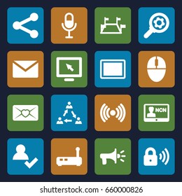 Communication icons set. set of 16 communication filled icons such as love letter, microphone, tablet, mouse, security lock, megaphone, badge, communication, locations, gear