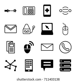 Communication icons set. set of 16 communication filled and outline icons such as connection, laptop, calendar on phone, computer mouse, electric circuit, mail, mouse, news