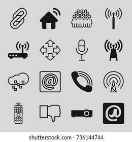 Communication icons set. set of 16 communication filled and outline icons such as signal tower, call, at email, router, house signal, transmitter, group, microphone