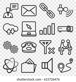 Communication icons set. set of 16 communication outline icons such as desk phone, distance, man with chat bubblle, laptop, megaphone, document in folder