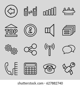 Communication icons set. set of 16 communication outline icons such as signal tower, arrow left, chat, calculator, group, top of cargo box, desk phone, connected phone