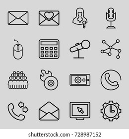 Communication icons set. set of 16 communication outline icons such as call, calculator, mouse, group, connection, love letter, disc flame, woman speaker, envelope, microphone