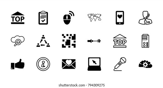 Communication icons. set of 18 editable filled and outline communication icons: top of cargo box, love letter, communication, laptop, thumb up, clipboard, computer mouse