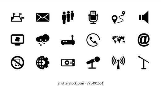 Communication icons. set of 18 editable filled communication icons: microphone, clobe gear, atom on display, distance, group, locations, megaphone, router, at mail, mail