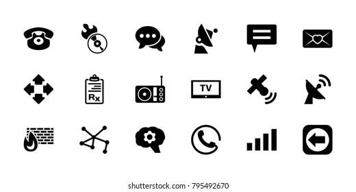 Communication icons. set of 18 editable filled communication icons: call, gear, connection, love letter, disc flame, chat, desk phone, clipboard, radio, brick wall fire