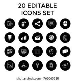 Communication icons. set of 20 editable filled and outline communication icons such as server, share, mouse, letter, signal, atom on display, photo with heart, group