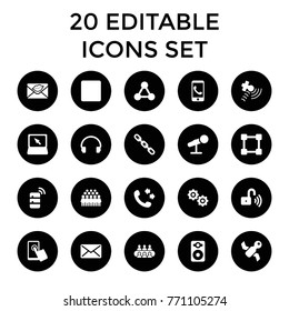 Communication icons. set of 20 editable filled communication icons such as call, group, satellite, phone call, chain, love letter, touchscreen, headset, laptop, speaker, stop