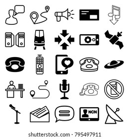 Communication icons. set of 25 editable filled and outline communication icons such as move, phone with heart, microphone, gear on display, desk phone, envelop, badge