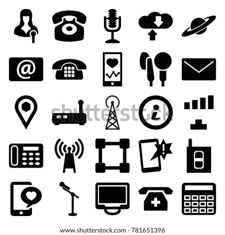 Communication icons. set of 25 editable filled communication icons such as signal tower, calculator, signal, desk phone, important message, heartbeat on phone, transmitter