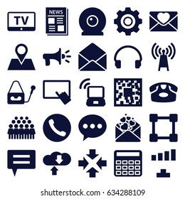 Communication icons set. set of 25 communication filled icons such as tv, desk phone, finger on tablet, calculator, signal, group, location pin, love letter, news, headset
