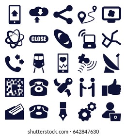 Communication icons set. set of 25 communication filled icons such as train, desk phone, gear, man with laptop, call, heartbeat on phone, distance, satellite, letter