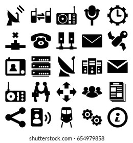 Communication icons set. set of 25 communication filled icons such as train, mail, radio, group, connected phone, microphone, clock in gear, businessman shaking hands, gear