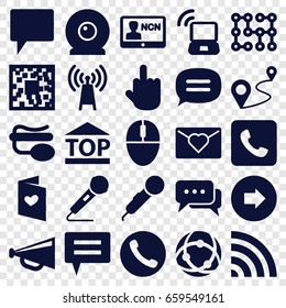 Communication icons set. set of 25 communication filled icons such as arrow right, megaphone, middle finger, top of cargo box, distance, love letter, pin microphone, chat